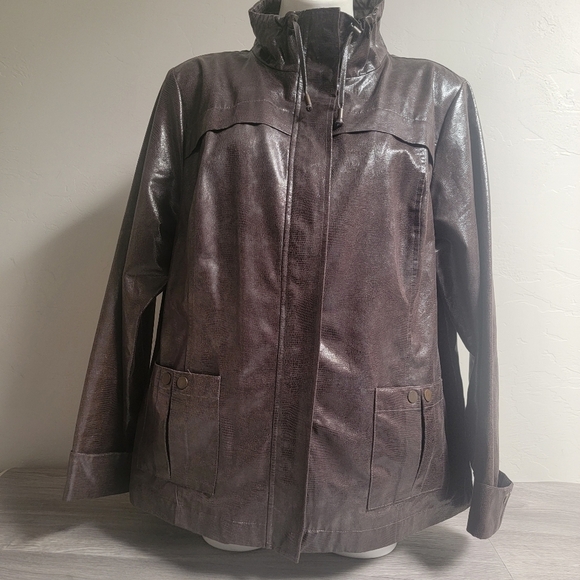 Zenergy by Chico's Brown Jacket Full Zip Size 3 Faux Leather Metallic Adjustable - Picture 1 of 14
